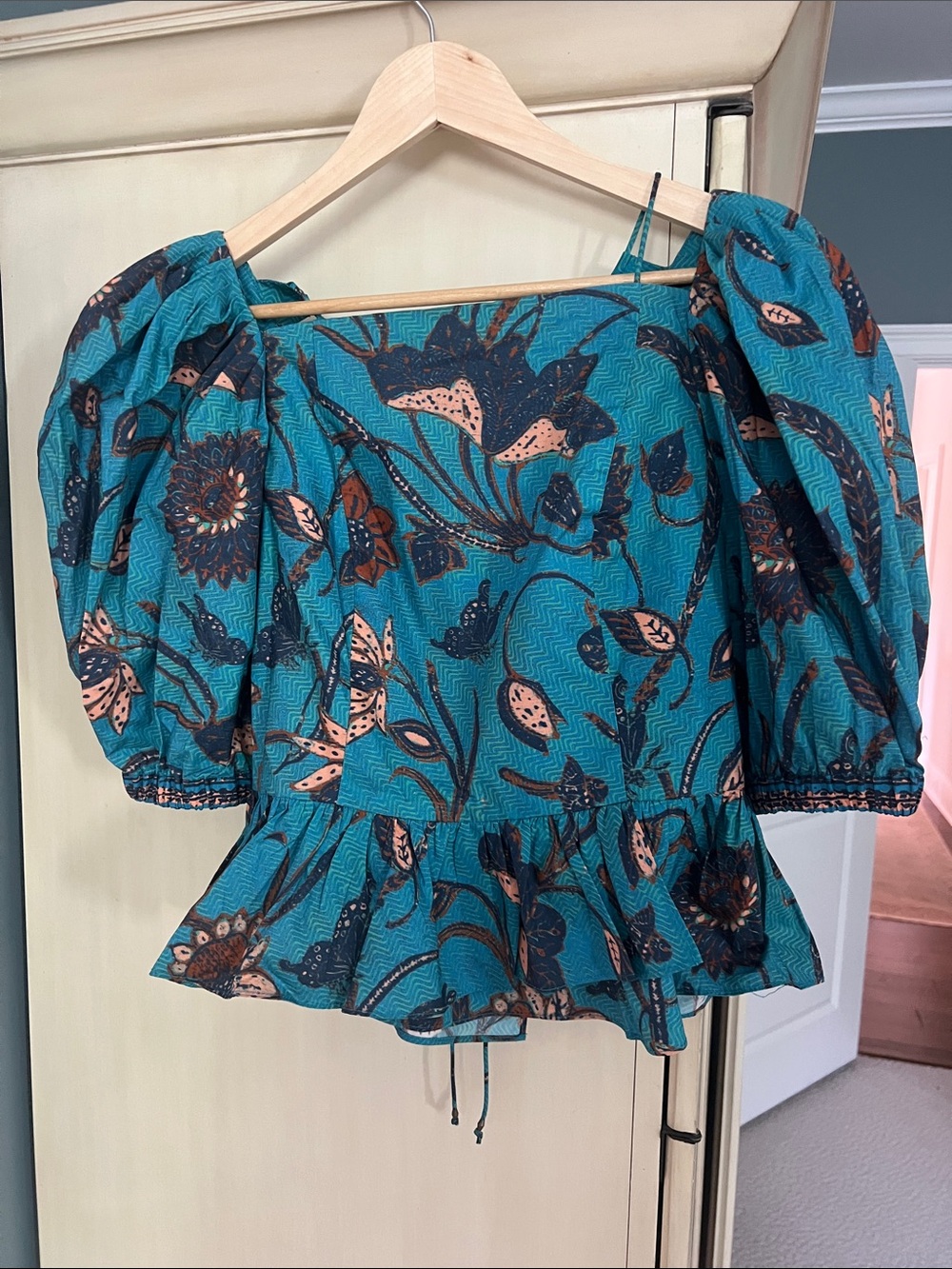 Ulla Johnson Teal Floral Puff-Sleeve Peplum Blouse